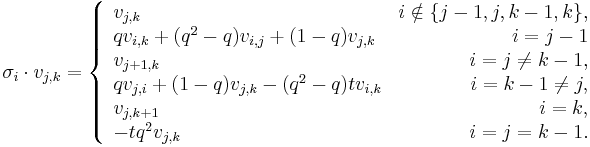 \sigma_i\cdot v_{j,k} = \left\{
\begin{array}{lr}
v_{j,k} & i\notin \{j-1,j,k-1,k\}, \\
qv_{i,k} %2B (q^2-q)v_{i,j} %2B (1-q)v_{j,k} & i=j-1 \\
v_{j%2B1,k} & i=j\neq k-1, \\
qv_{j,i} %2B (1-q)v_{j,k} - (q^2-q)tv_{i,k} & i=k-1\neq j,\\
v_{j,k%2B1} & i=k,\\
-tq^2v_{j,k} & i=j=k-1.
\end{array}
\right.