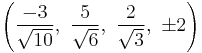 \left(\frac{-3}{\sqrt{10}},\ \frac{5}{\sqrt{6}},\   \frac{2}{\sqrt{3}},\  \pm2\right)