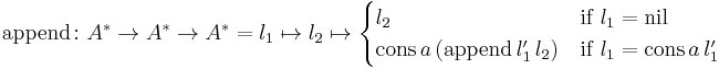 \text{append}\colon A^{*} \to A^{*} \to A^{*} = l_1 \mapsto l_2 \mapsto \begin{cases} l_2 & \text{if} \ l_1 = \text{nil} \\ \text{cons} \, a \, (\text{append} \, l_1' \, l_2) & \text{if} \ l_1 = \text{cons} \, a \, l_1' \end{cases}