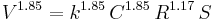 V^{1.85} = k^{1.85}\, C^{1.85}\, R^{1.17}\, S