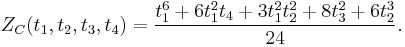 Z_C(t_1,t_2,t_3,t_4) = \frac{t_1^6 %2B 6 t_1^2 t_4 %2B 3 t_1^2 t_2^2 %2B 8 t_3^2 %2B 6 t_2^3}{24}.