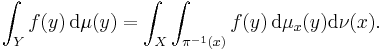 \int_{Y} f(y) \, \mathrm{d} \mu (y) = \int_{X} \int_{\pi^{-1} (x)} f(y) \, \mathrm{d} \mu_{x} (y) \mathrm{d} \nu (x).