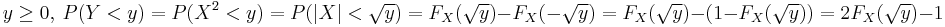 y\geq0, ~ P(Y<y) = P(X^2<y)=P(|X|<\sqrt{y})=F_X(\sqrt{y})-F_X(-\sqrt{y})=F_X(\sqrt{y})-(1-F_X(\sqrt{y}))=2 F_X(\sqrt{y})-1 