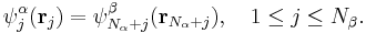 \psi^{\alpha}_{j}(\mathbf{r}_{j}) = \psi^{\beta}_{N_{\alpha}%2Bj}(\mathbf{r}_{N_{\alpha}%2Bj}),\ \ \ 1\leq j\leq N_{\beta}.