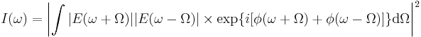 
I(\omega)= \left|  \int| E(\omega%2B\Omega)| |E(\omega-\Omega)| \times \text{exp} \{i[\phi(\omega%2B\Omega)%2B\phi(\omega -\Omega)]\} \mathrm{d}\Omega  \right|^2
