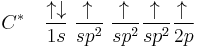 
C^{*}\quad
\frac{\uparrow\downarrow}{1s}\;
\frac{\uparrow\,}{sp^2}\;
\frac{\uparrow\,}{sp^2}
\frac{\uparrow\,}{sp^2}
\frac{\uparrow\,}{2p}
