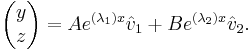 \begin{pmatrix} y\\z \end{pmatrix} = Ae^{(\lambda_1)x}\hat{v}_1 %2B Be^{(\lambda_2)x}\hat{v}_2. 