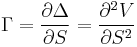 \Gamma = \frac{\partial \Delta}{\partial S} = \frac{\partial^2 V}{\partial S^2}