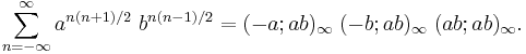 \sum_{n=-\infty}^\infty a^{n(n%2B1)/2} \; b^{n(n-1)/2} = (-a; ab)_\infty \;(-b; ab)_\infty \;(ab;ab)_\infty.