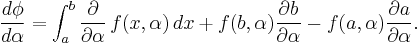 \frac{d\phi}{d\alpha} = \int_a^b\frac{\partial}{\partial \alpha}\,f(x,\alpha)\,dx%2Bf(b,\alpha)\frac{\partial b}{\partial \alpha}-f(a,\alpha)\frac{\partial a}{\partial \alpha}. \,