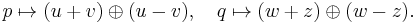 p \mapsto (u %2B v) \oplus (u - v) , \quad q \mapsto (w %2B z) \oplus (w - z).