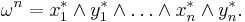 \omega^n= x^*_1\wedge y^*_1\wedge \ldots \wedge x^*_n
\wedge y^*_n.