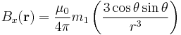 
B_{x}(\mathbf{r}) = \frac{\mu_0}{4 \pi} m_1 \left(\frac{3\cos\theta\sin\theta}{r^3}\right)
