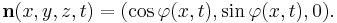 
\mathbf{n}(x,y,z,t) = (\cos\varphi(x,t), \sin\varphi(x,t), 0).
