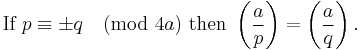 
\text{If }p \equiv \pm q \pmod {4a}
\text{ then  } 
\left(\frac{a}{p}\right)
=\left(\frac{a}{q}\right).
