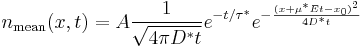 n_\text{mean}(x,t)=A \frac{1}{\sqrt{4\pi D^* t}} e^{-t/\tau^*} e^{-\frac{(x%2B\mu^*Et-x_0)^2}{4D^*t}}