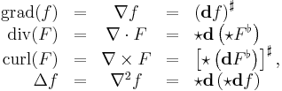 
\begin{array}{rcccl}
      \operatorname{grad}(f) &=&  \nabla f       &=& \left( {\mathbf d} f \right)^\sharp \\
      \operatorname{div}(F)  &=& \nabla \cdot F  &=& \star {\mathbf d} \left( \star F^\flat \right) \\
      \operatorname{curl}(F) &=& \nabla \times F &=& \left[ \star \left( {\mathbf d} F^\flat \right) \right]^\sharp, \\
      \Delta f              &=& \nabla^2 f      &=& \star {\mathbf d} \left( \star {\mathbf d} f \right) \\
\end{array}
