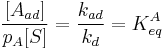 \frac {[A_{ad}]}{p_A[S]} =  \frac{k_{ad}}{k_d} = K_{eq}^A