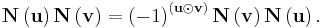 
\mathbf{N\left(  \mathbf{u}\right)  N}\left(  \mathbf{v}\right)  =\left(
-1\right)  ^{\left(  \mathbf{u}\odot\mathbf{v}\right)  }\mathbf{N}\left(
\mathbf{v}\right)  \mathbf{N}\left(  \mathbf{u}\right)  .
