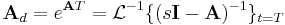 \mathbf A_d = e^{\mathbf A T} = \mathcal{L}^{-1}\{(s\mathbf I - \mathbf A)^{-1}\}_{t=T} 