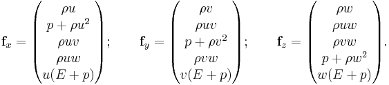 
{\bold f_x}=\begin{pmatrix}\rho u\\p%2B\rho u^2\\  \rho uv \\ \rho uw\\u(E%2Bp)\end{pmatrix};\qquad
{\bold f_y}=\begin{pmatrix}\rho v\\  \rho uv \\p%2B\rho v^2\\ \rho vw \\v(E%2Bp)\end{pmatrix};\qquad
{\bold f_z}=\begin{pmatrix}\rho w\\  \rho uw \\  \rho vw \\p%2B\rho w^2\\w(E%2Bp)\end{pmatrix}.
