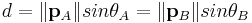 d=\|\mathbf{p}_A\|sin\theta_A=\|\mathbf{p}_B\|sin\theta_B