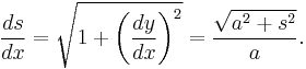 \frac{ds}{dx} = \sqrt{1%2B\left(\dfrac{dy}{dx}\right)^2} = \frac{\sqrt{a^2%2Bs^2}}{a}.\,