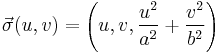  \vec \sigma(u,v) = \left(u, v, {u^2 \over a^2} %2B {v^2 \over b^2}\right) 