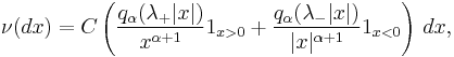 \nu(dx) = C \left(\frac{q_\alpha(\lambda_%2B |x|)}{x^{\alpha%2B1}}1_{x>0} %2B\frac{q_\alpha(\lambda_-
|x|)}{|x|^{\alpha%2B1}}1_{x<0} \right) \, dx,
