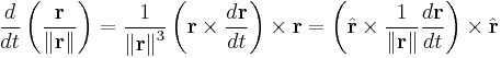 
\frac{d}{dt}\left(\frac{\mathbf r}{\Vert \mathbf r \Vert}\right)
= \frac{1}{{\Vert \mathbf r \Vert}^3}\left(\mathbf r \times \frac{d \mathbf r}{dt}\right) \times \mathbf r
= \left(\hat{\mathbf r} \times \frac{1}{{\Vert \mathbf r \Vert}} \frac{d \mathbf r}{dt}\right) \times \hat{\mathbf r}
