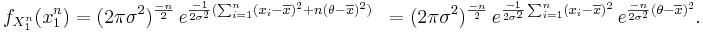 \begin{align}
f_{X_1^n}(x_1^n) 
  &= (2\pi\sigma^2)^{-n\over2}\, e^{ {-1\over2\sigma^2} (\sum_{i=1}^n(x_i-\overline{x})^2 %2B n(\theta-\overline{x})^2) }  
  &= (2\pi\sigma^2)^{-n\over2}\, e^{ {-1\over2\sigma^2} \sum_{i=1}^n(x_i-\overline{x})^2}\, e^{ {-n\over2\sigma^2}(\theta-\overline{x})^2 }.
\end{align}