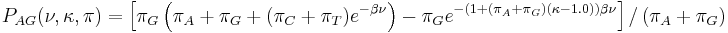 P_{AG}(\nu,\kappa,\pi)  =  \left[\pi_G\left(\pi_A %2B \pi_G %2B (\pi_C %2B \pi_T)e^{-\beta\nu}\right) - \pi_Ge^{-(1 %2B (\pi_A %2B \pi_G)(\kappa - 1.0))\beta\nu}\right] /\left(\pi_A %2B \pi_G\right) 