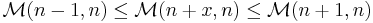 \,
\begin{align}
\mathcal{M}(n-1,n)\leq\mathcal{M}(n%2Bx,n)\leq\mathcal{M}(n%2B1,n)
\end{align}
\,