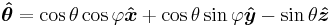 theta-hat equals cosine of theta times cosine of phi in the x-hat direction plus cosine of theta times sine of phi in the y-hat direction minus sine of theta in the z-hat direction