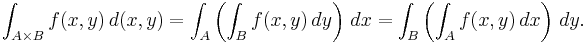 \int_{A\times B} f(x,y)\,d(x,y)=\int_A\left(\int_B f(x,y)\,dy\right)\,dx=\int_B\left(\int_A f(x,y)\,dx\right)\,dy.