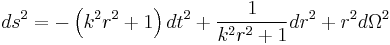 ds^2 = - \left( k^2r^2 %2B 1\right)dt^2 %2B \frac{1}{k^2r^2%2B1}dr^2 %2B r^2 d\Omega^2