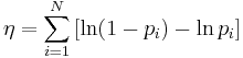 \eta = \sum_{i=1}^N \left[ \ln(1-p_i) -\ln p_i \right] 