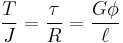  \frac{T}{J} = \frac{\tau}{R} = \frac{G\phi}{\ell}