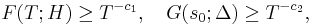  F(T;H) \ge T^{- c_{1}},\quad G(s_{0}; \Delta) \ge T^{-c_{2}}, 