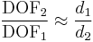  \frac {\mathrm{DOF}_2} {\mathrm{DOF}_1} \approx  \frac {d_1} {d_2}