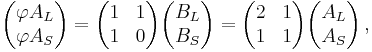 \begin{pmatrix} \varphi A_L \\ \varphi A_S\end{pmatrix} = \begin{pmatrix} 1 & 1 \\ 1 & 0 \end{pmatrix} \begin{pmatrix} B_L \\ B_S\end{pmatrix} = \begin{pmatrix} 2 & 1 \\ 1 & 1 \end{pmatrix}\begin{pmatrix} A_L \\ A_S \end{pmatrix}\, ,