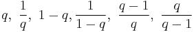 q,\ \frac{1}{q},\ 1-q, \frac{1}{1-q},\ \frac{q-1}{q},\ \frac{q}{q-1}