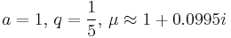 a=1, \, q=\frac{1}{5}, \, \mu \approx 1 %2B 0.0995 i