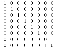 
\left[
\begin{matrix}
1 & 0 & 0 & 0 & 0 & 0 & 0 & 0 \\
0 & 1 & 0 & 0 & 0 & 0 & 0 & 0 \\
0 & 0 & 1 & 0 & 0 & 0 & 0 & 0 \\
0 & 0 & 0 & 1 & 0 & 0 & 0 & 0 \\
0 & 0 & 0 & 0 & 1 & 0 & 0 & 0 \\
0 & 0 & 0 & 0 & 0 & 1 & 0 & 0 \\
0 & 0 & 0 & 0 & 0 & 0 & 0 & 1 \\
0 & 0 & 0 & 0 & 0 & 0 & 1 & 0 \\
\end{matrix}
\right]
