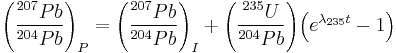   {\left(\frac{^{207}Pb}{^{204}Pb}\right)_{P}} = {\left(\frac{^{207}Pb}{^{204}Pb}\right)_{I}} %2B {\left(\frac{^{235}U}{^{204}Pb}\right)} {\left({e^{\lambda_{235}t}-1}\right)} 