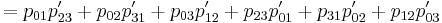  {} = p_{01}p'_{23} %2B p_{02}p'_{31} %2B p_{03}p'_{12} %2B p_{23}p'_{01} %2B p_{31}p'_{02} %2B p_{12}p'_{03} \,\! 