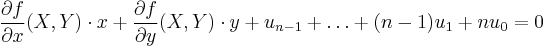 \frac{\partial f}{\partial x}(X,Y) \cdot x %2B \frac{\partial f}{\partial y}(X,Y) \cdot y %2B u_{n-1} %2B \dots %2B (n-1) u_1 %2B nu_0 =0