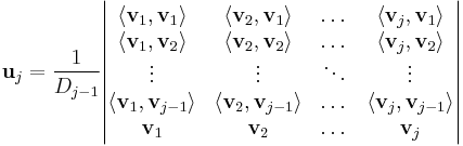  \mathbf{u}_j = \frac{1}{D_{j-1} } \begin{vmatrix}
\langle \mathbf{v}_1, \mathbf{v}_1 \rangle & \langle \mathbf{v}_2, \mathbf{v}_1 \rangle & \dots & \langle \mathbf{v}_j, \mathbf{v}_1 \rangle \\
\langle \mathbf{v}_1, \mathbf{v}_2 \rangle & \langle \mathbf{v}_2, \mathbf{v}_2 \rangle & \dots & \langle \mathbf{v}_j, \mathbf{v}_2 \rangle \\
\vdots & \vdots & \ddots & \vdots \\
\langle \mathbf{v}_1, \mathbf{v}_{j-1} \rangle & \langle \mathbf{v}_2, \mathbf{v}_{j-1} \rangle & \dots &
\langle \mathbf{v}_j, \mathbf{v}_{j-1} \rangle \\
\mathbf{v}_1 & \mathbf{v}_2 & \dots & \mathbf{v}_j \end{vmatrix} 