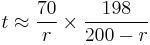  t \approx \frac{70}{r} \times \frac{198}{200-r}