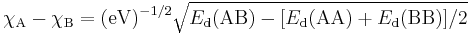 \chi_{\rm A} - \chi_{\rm B} = ({\rm eV})^{-1/2} \sqrt{E_{\rm d}({\rm AB}) - [E_{\rm d}({\rm AA}) %2B E_{\rm d}({\rm BB})]/2}